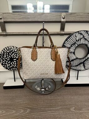 Michael Kors Cream MK Logo Satchel with Brown Trim and Tassel